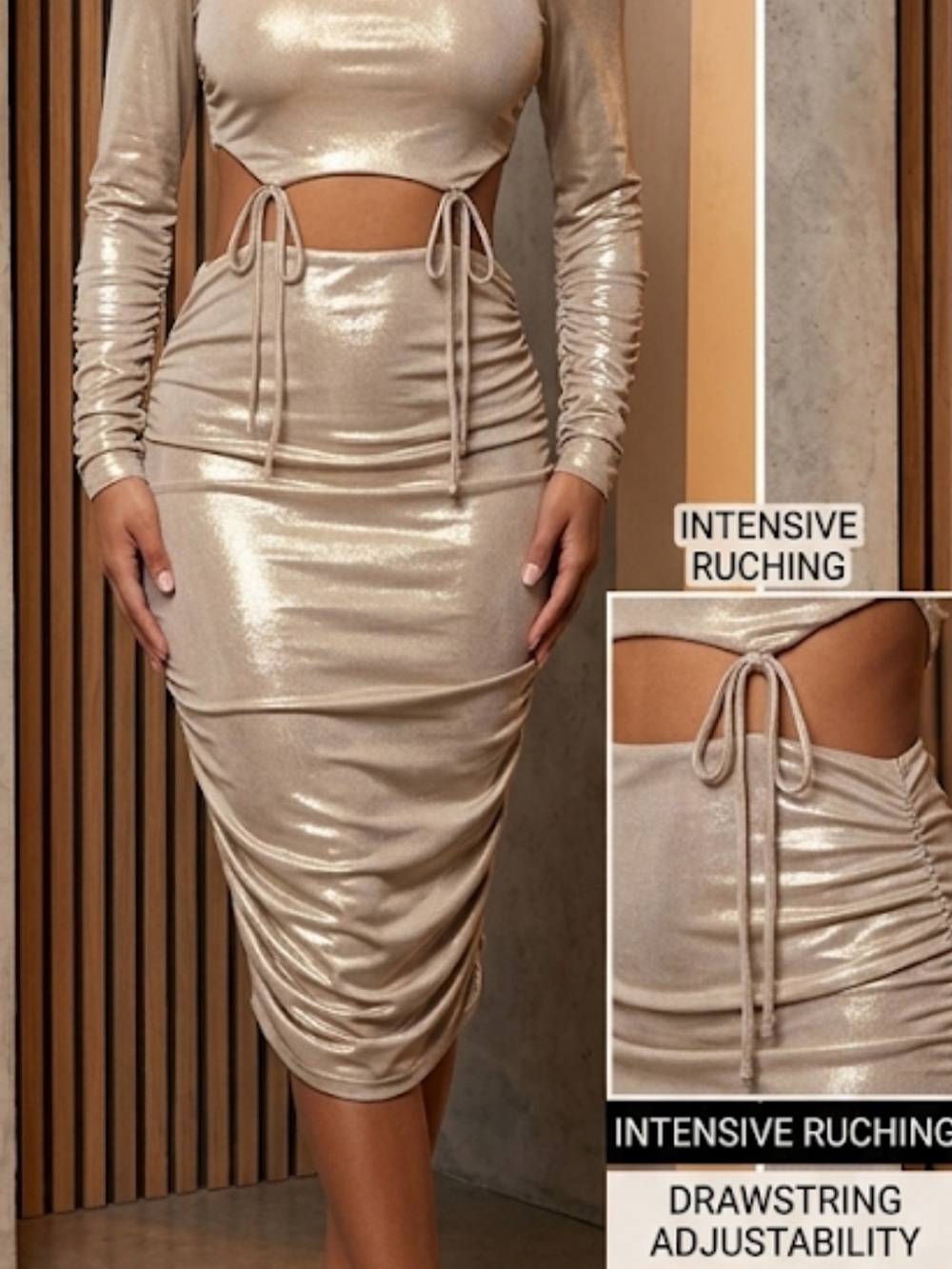 Shimmery Cream Ruched Drawstring Midi dress